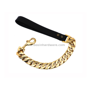 Gold Stainless Steel Cuban Chain Pet Leash Chain with Leather Padded Handle