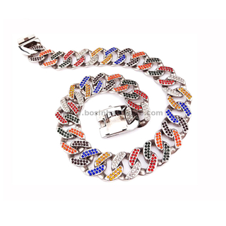 Personalized Length Cuban Dog Necklace Chain Collar with Colourful Rhinestone