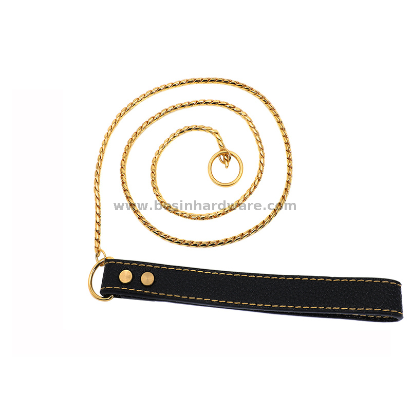 Outdoor Gold Snake Chain Pet Leach with Genuine Leather Handle for Dogs Or Cats
