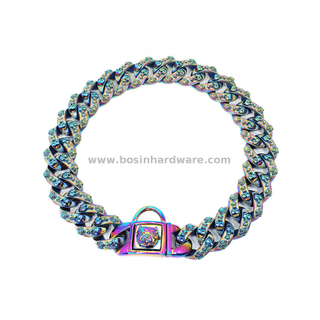 Punk Rock Style Rainbow Skull Carving Bulldog Buckle Dog Collar Cuban Link Chains