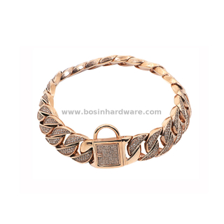 Bling Crystal Dog Link Rose Gold Stainless Steel Chunky Cuban Chain Diamond Pet Collar