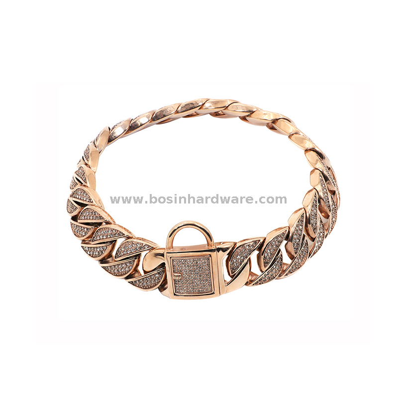 Bling Crystal Dog Link Rose Gold Stainless Steel Chunky Cuban Chain Diamond Pet Collar